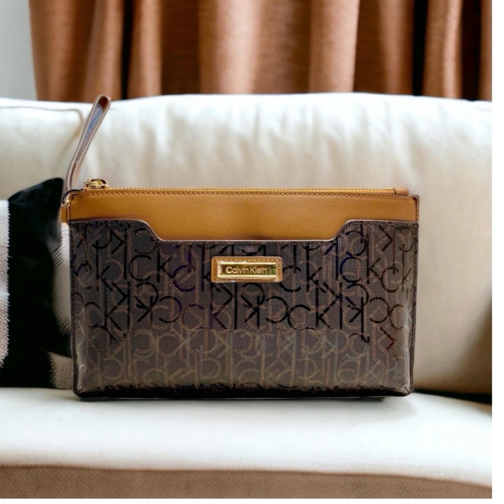 Calvin Klein Brown Logo Wristlet with Tan Accent